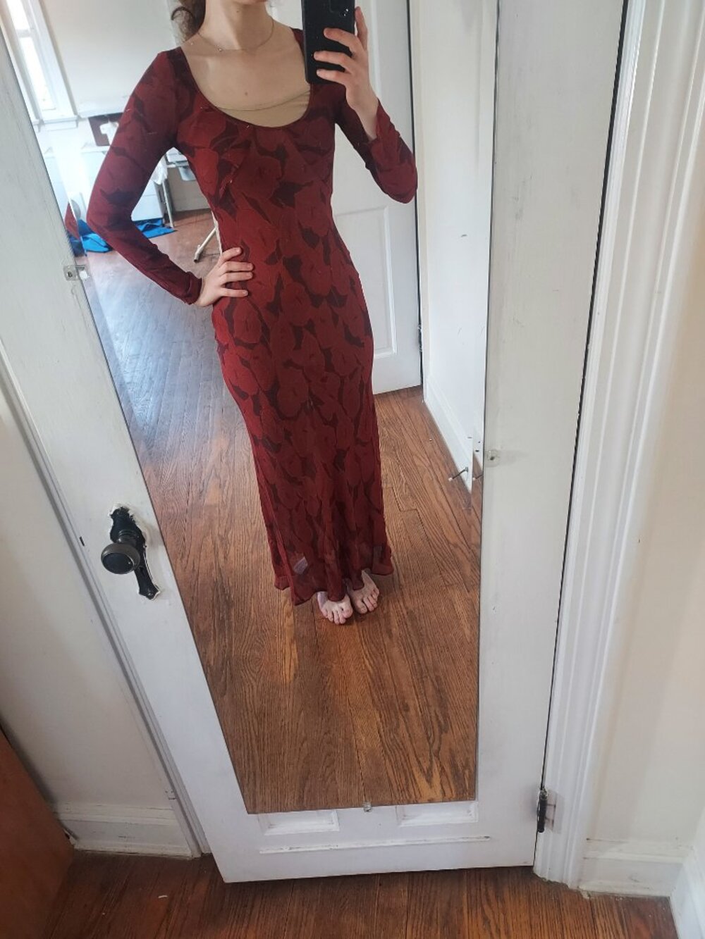 Realisation Par The Inka Calla Lily Red Maxi Long Sleeve Silk Dress